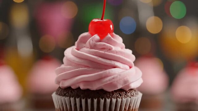 Delicious chocolate cupcake with vibrant pink frosting and a bright red maraschino cherry on top.