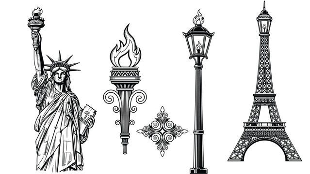 Famous world monuments illustration set, Statue of Liberty, Eiffel Tower, vintage street lamp, torch icon, black white vector art design