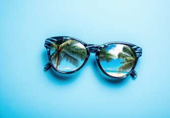 Tropical beach reflection in blue sunglasses on pastel background, summer vacation concept