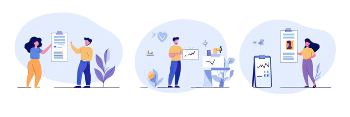 Fototapeta premium Team members setting goals analyzing charts and progress reports planning business objectives strategy success accomplishment flat vector illustration