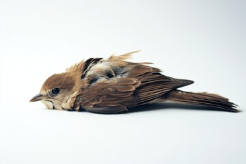 Small fallen bird lying on white background in studio lighting