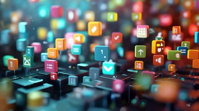 Blurred multicoloured app icons above the cityscape symbolise the digital ecosystem &mdash; an excellent backdrop for discussing modern IT trends and mobile technologies.
