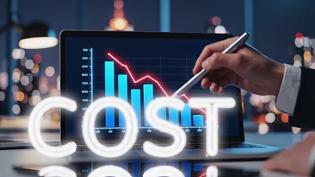 A businessman's hand pointing at a laptop screen displaying a decreasing cost graph and the word "COST".