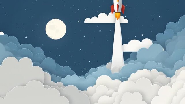 Cartoon rocket launch through fluffy clouds into the night sky