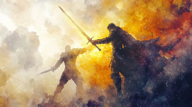 A man is holding a sword and is about to attack another man. The man on the left is wearing a black outfit and the man on the right is wearing a red outfit