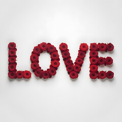 "LOVE Word Spelled with Red Rose Blooms Floral Typography Romantic Wall Art for Valentine"