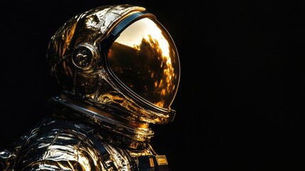 Futuristic astronaut portrait with metallic suit and golden visor