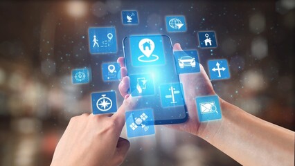 GPS icons show navigation, GPS tracking, and location. GPS supports real time maps, direction, and GPS navigation services for mobility and transport. Gist