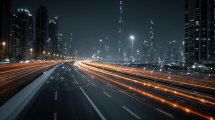 Futuristic smart city highway at night, long exposure light trails, data connection overlays, logistics and speed concept, urban technology background 