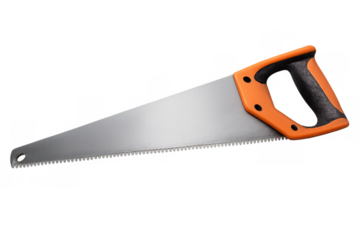 Hand saw with orange and black handle, sharp teeth visible, cutting and woodworking tool with transparent background