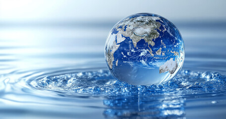 water drop with world map inside, isolated on a white background with a blue color gradient and water ripples
