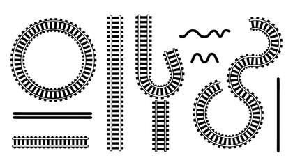 Stylized Train Track Set with Curved, Loop, and Wavy Configurations on White Background