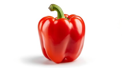 A vibrant red bell pepper stands alone, well-lit against a clean white background. Its stem is green, and a subtle shadow adds depth