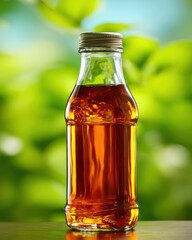A clear glass bottle filled with amber liquid sits outdoors with a soft green bokeh background