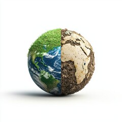 Split Earth showing green sustainable planet versus dry polluted land concept on white background
