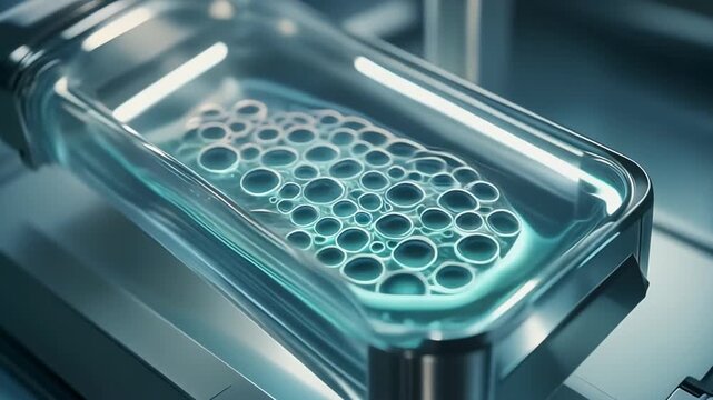 Science lab vial tray with organized microtubes and teal liquid in glass container