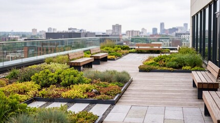 Modern rooftop garden terrace with wooden decking, benches, and lush green plants, overlooking an urban cityscape, representing sustainable architecture, green design, and relaxing outdoor workspace.