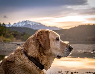 Golden Retriever Dog by the Mountain Lake.