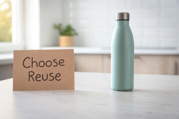 A mint green reusable water bottle rests beside a cardboard sign encouraging reuse and sustainability on a kitchen counter.