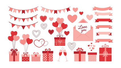 Valentines Day Decor: A lovely collection of romantic elements, including heart-shaped balloons, gifts, banners, and an envelope, embodying love and affection for the season.