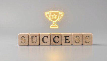Business achievement visualization wooden cubes spelling success with holographic trophy icon in professional environment