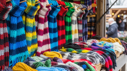 Colorful winter scarves displayed on a market stand with a cozy atmosphere
