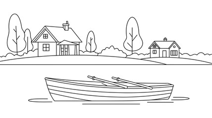Naklejka premium A peaceful lakeside scene with a charming rowboat and quaint houses nestled on the hills
