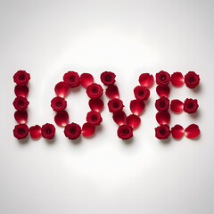 "LOVE Word Spelled with Red Rose Blooms Floral Typography Romantic Wall Art for Valentine"