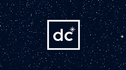 Abstract graphic design featuring stylized 'dc' letters and a star icon within a white square frame on a dark blue starry background.