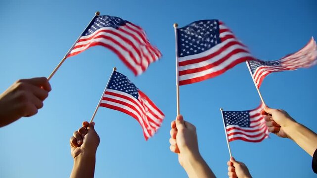 Celebrating freedom with American flags held high against a clear blue sky, a symbol of patriotism and national pride