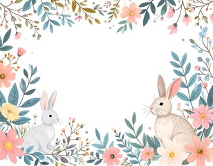 Watercolor Rabbits Floral Frame White Background.