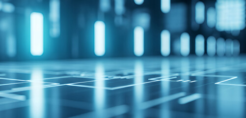 Blue digital background featuring abstract light paths and data flow across a flat surface. Useful for business branding, technology advertising, and digital communication themes.