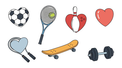Heart-Shaped Sports Equipment: A visually appealing illustration of sports equipment, each item uniquely stylized with a heart-shaped design, representing love for the game and active lifestyle.