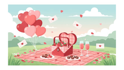 A Heartfelt Picnic: A romantic picnic setting adorned with heart-shaped balloons, love letters, and a heart-shaped basket overflowing with strawberries.