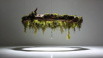 A hanging mossy branch with a crystal inside. The branch is suspended from the ceiling and the crystal is hanging from the moss. The image has a serene and calming mood