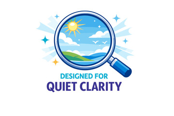 Magnifying glass over scenic landscapes with text 'designed for quiet clarity'