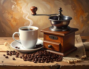 Steaming Coffee Cup with Coffee Beans and Grinder.