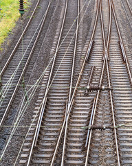 Fototapeta premium Train tracks intersecting in a busy railway yard during daylight