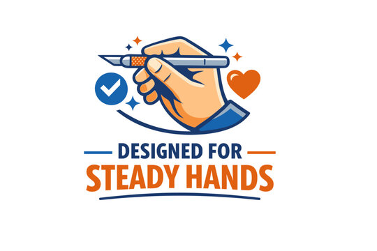 Steady hands design emblem with crafting tool and symbols