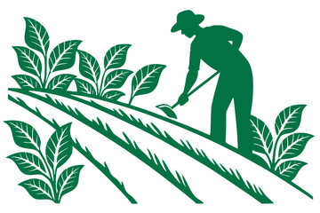 Silhouette farmer tending to crops in a lush green field