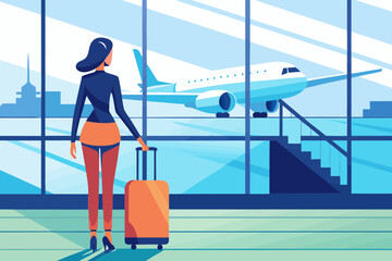 Stylish woman with orange suitcase at airport terminal by large window, waiting for airplane departure