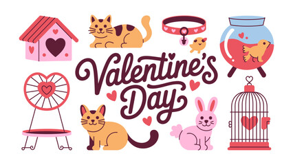 Obraz premium Valentine's Day Pet Delight: An adorable collection of cartoon animals and pet accessories, perfect for a heartwarming Valentine's Day greeting.
