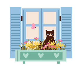 Cat Sitting in Window Flower Box with Butterfly. Cozy spring home scene with resting cat. Flat vector illustration.