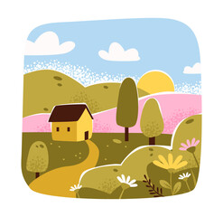 Sunny Countryside Landscape with Cottage and Blooming Fields. Rolling hills, trees, flowers, spring countryside scene. Flat vector illustration.