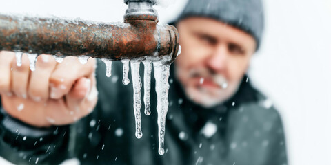 Hand holding frozen pipe with long icicles, man facing winter plumbing problems, cold weather damage concept