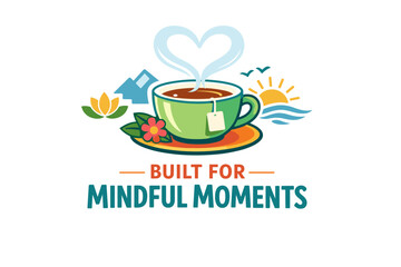 Green tea cup with heart steam and nature symbols promoting mindful moments