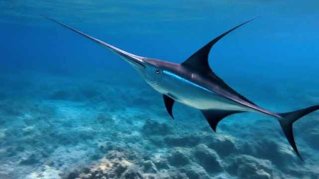 Elegant swordfish cruising in the deep blue ocean featuring its long sharp bill and a smooth tracking camera shot, 4K.