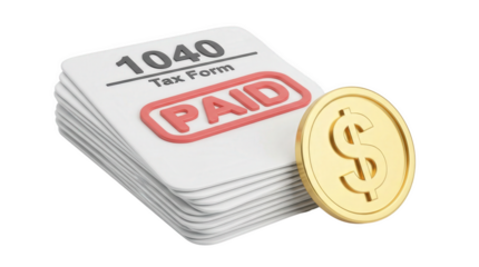 Stack of 1040 tax forms with paid stamp and gold dollar coin isolated on transparent background