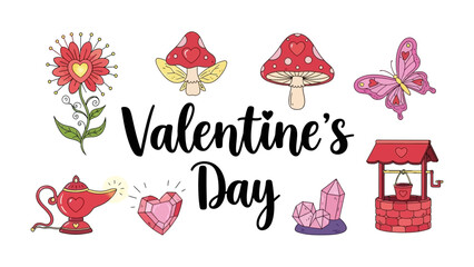 Valentine's Day Elements: A collection of charming Valentine's Day themed illustrations, featuring hearts, flowers, butterflies, and other romantic symbols.