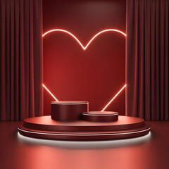 "Neon Heart Outline on Red Stage with Velvet Curtains Romantic Spotlight Abstract Valentine Background"